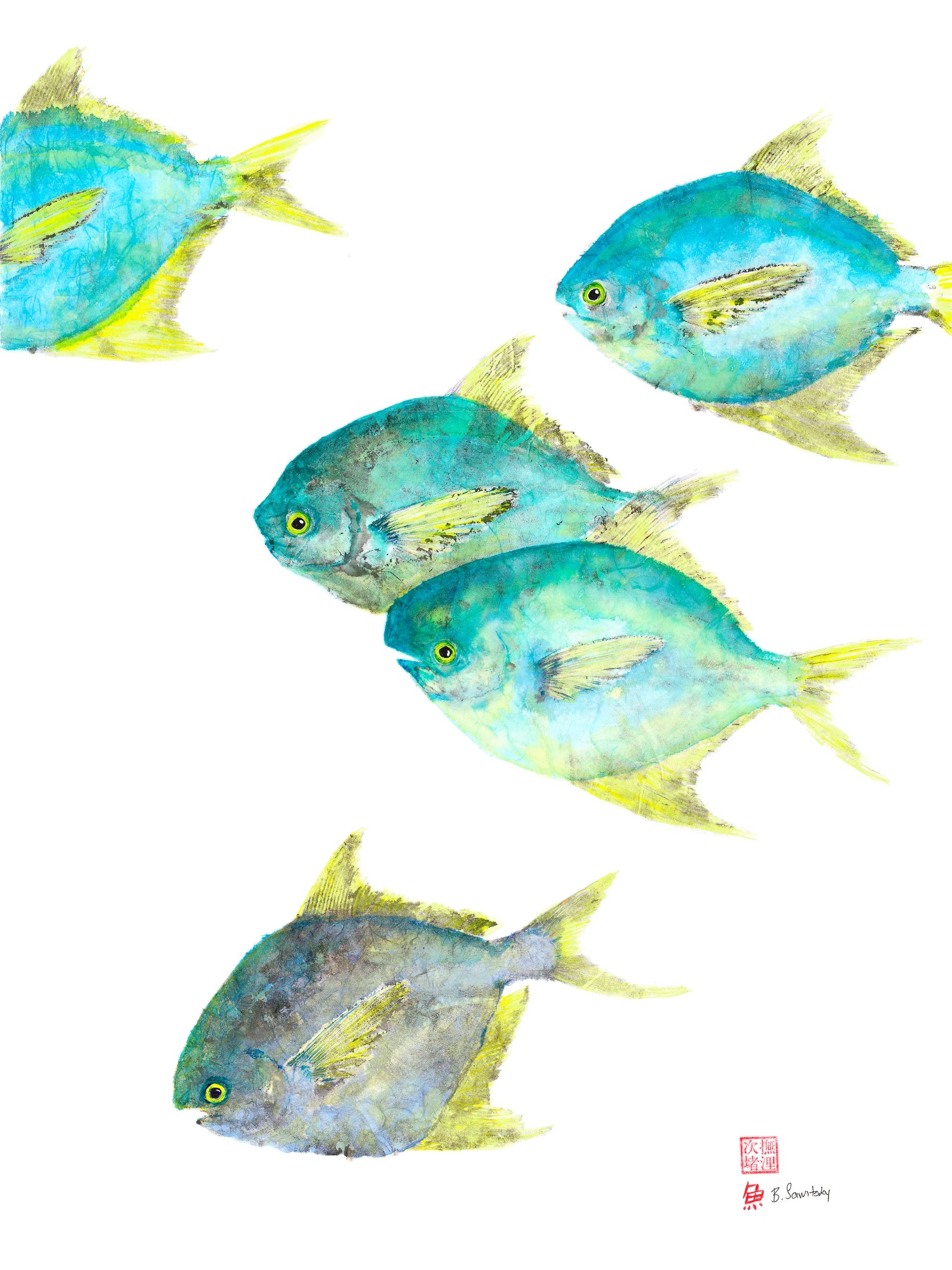 Colorful Pompano School — Gyotaku giclee print by Bridget Sawitsky