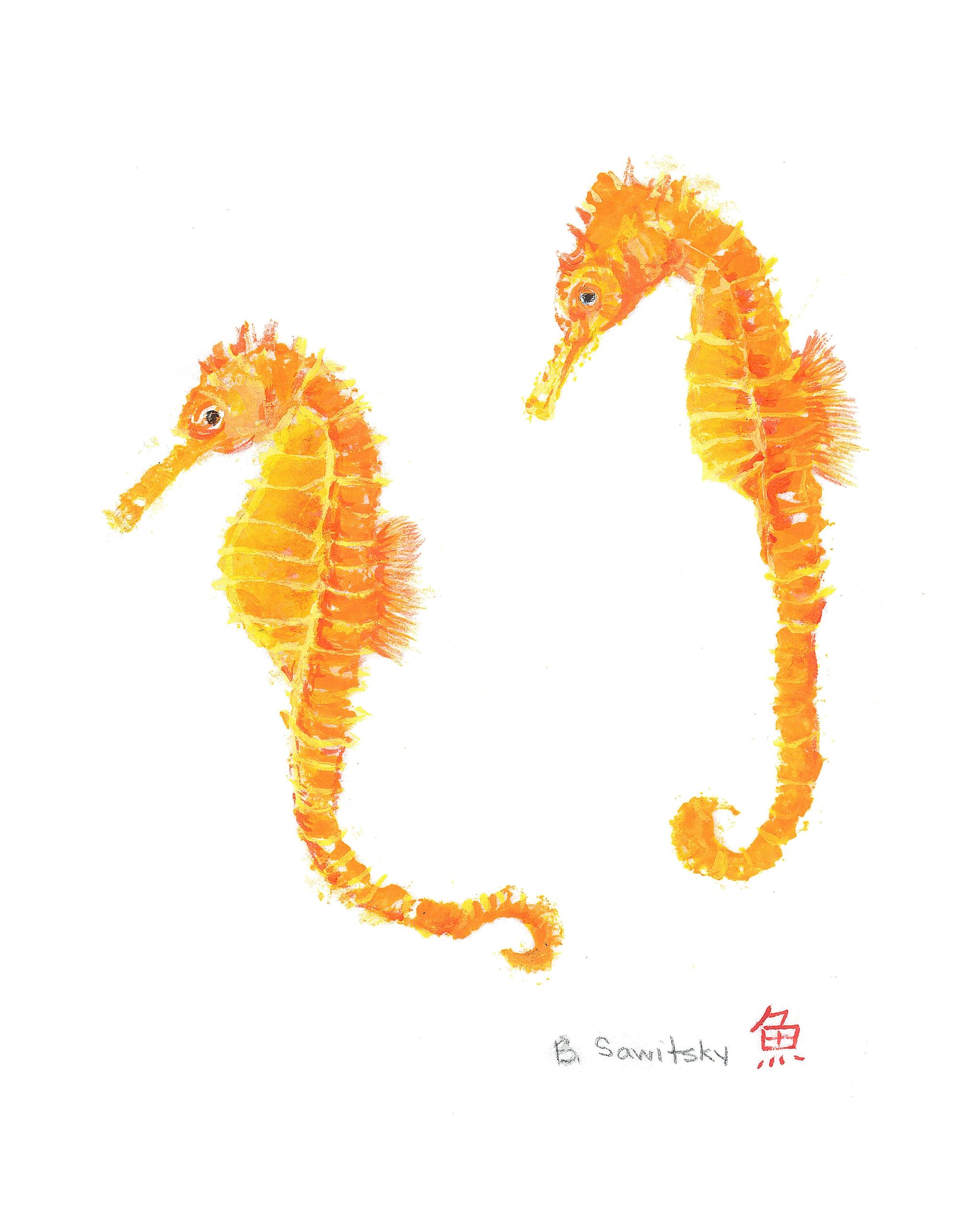 Orange Seahorses — Gyotaku giclee print by Bridget Sawitsky